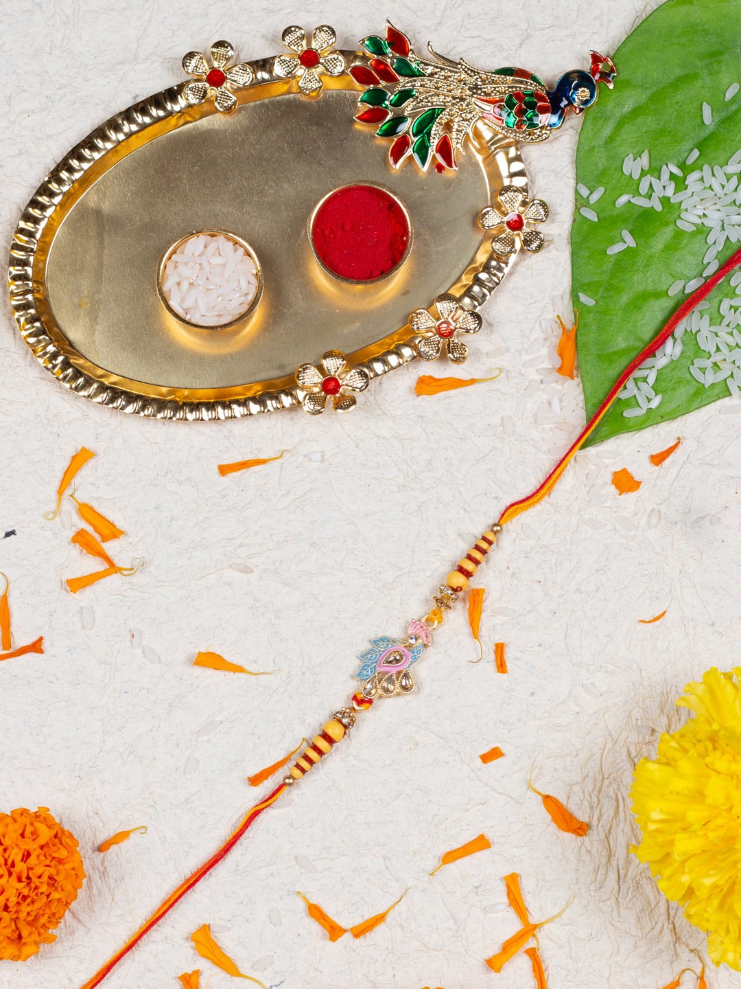 

AccessHer Enamel Rakhi, Peacock Thali & Greeting Card, Red