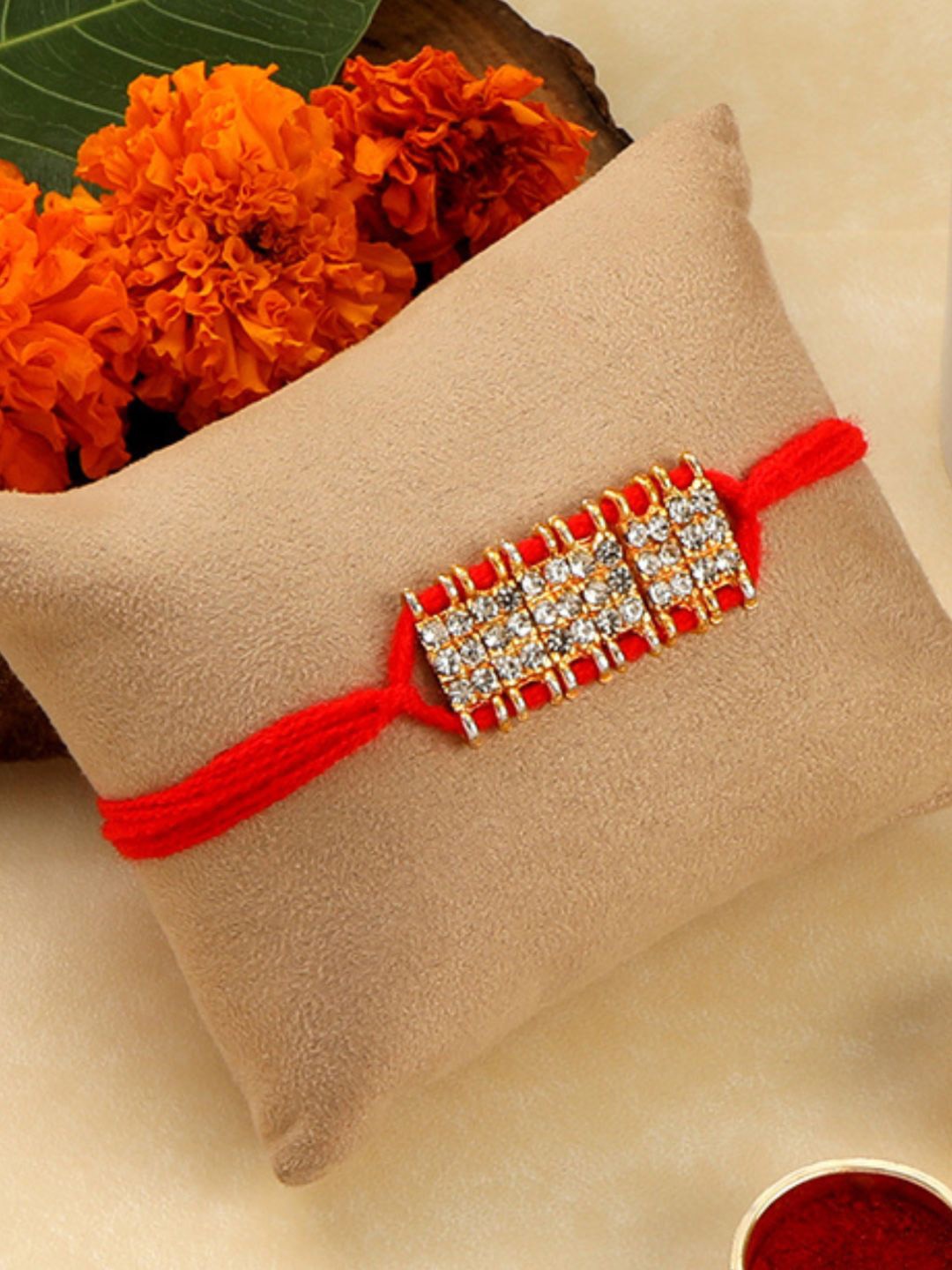 

AccessHer Rhinestone-Studded Thread Rakhi With Roli & Rice, Gold