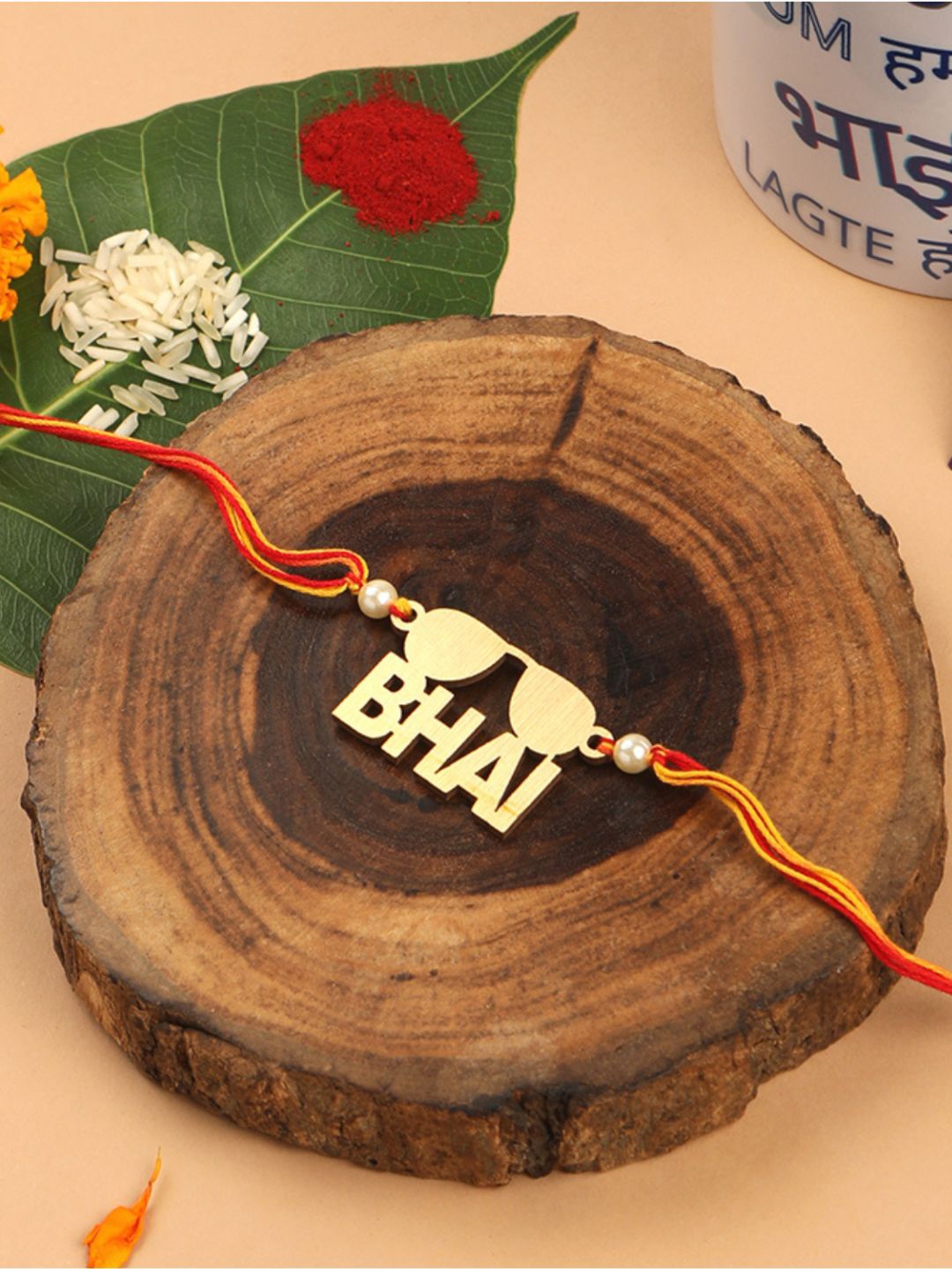 

AccessHer Wooden Quirky Bhai Charm Beaded Thread Rakhi With Roli & Rice, Beige