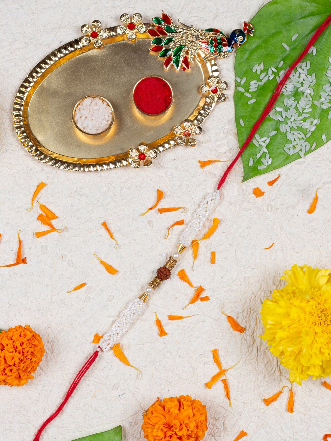 

Accessher Women Rudraksh Rakhi Gift Set with Peacock Thali & Greeting Card, White