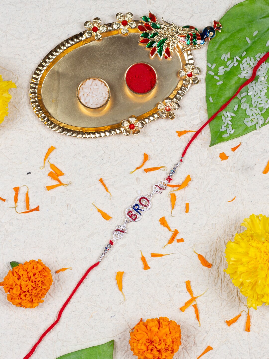 

AccessHer Rakhi With Roli Chawal & Thali, Gold