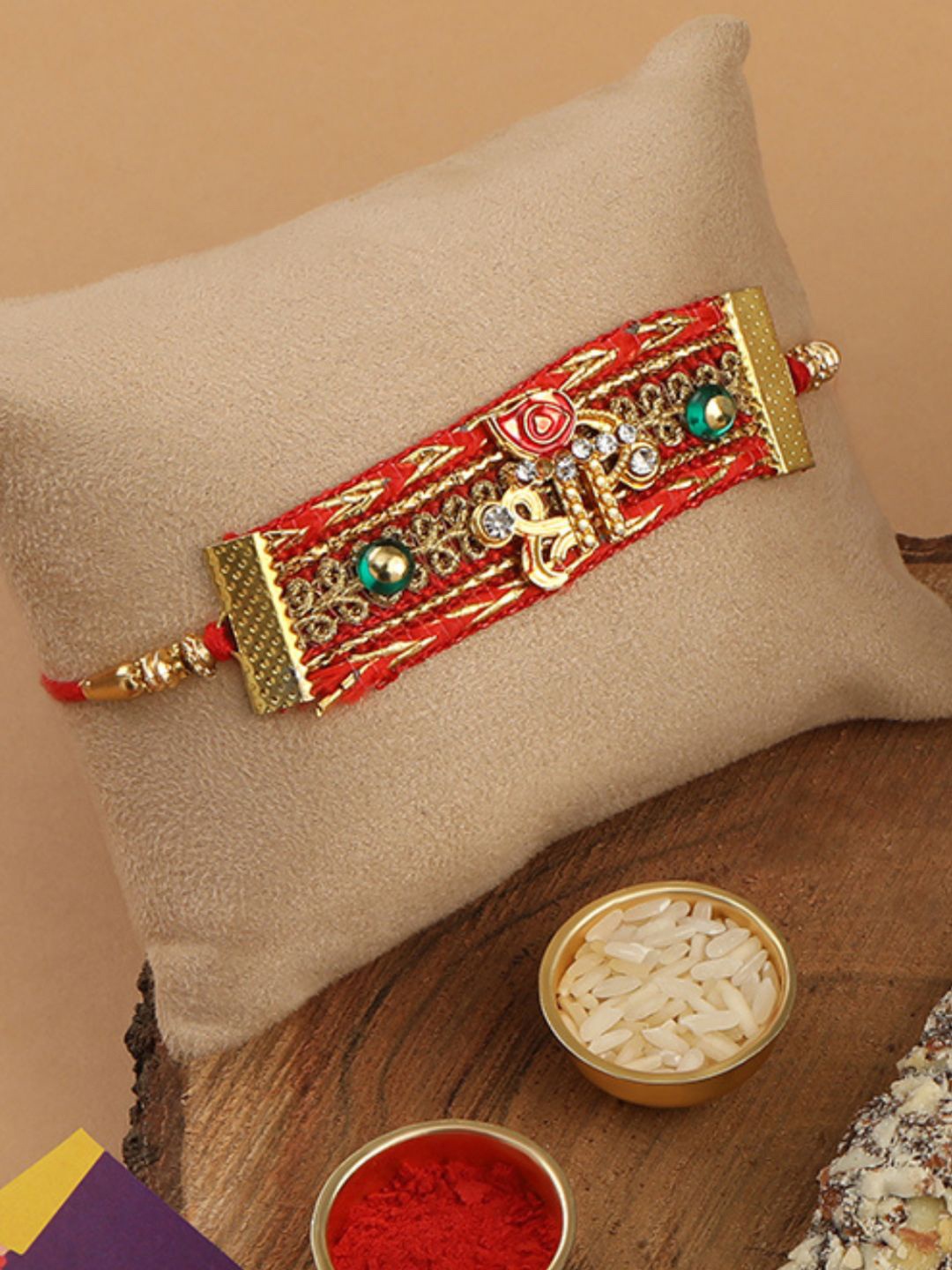 

AccessHer Stone-studded Religious Fabric Rakhi, Gold