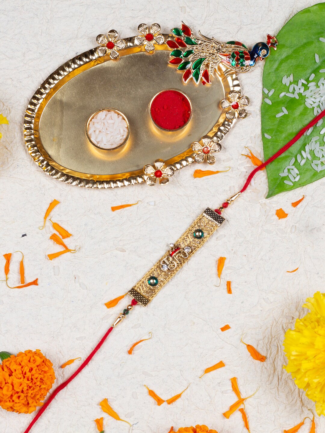 

AccessHer Stone-Studded BRO Embellished Rakhi With Roli, Rice, Greeting Card & Pooja Thali, Red