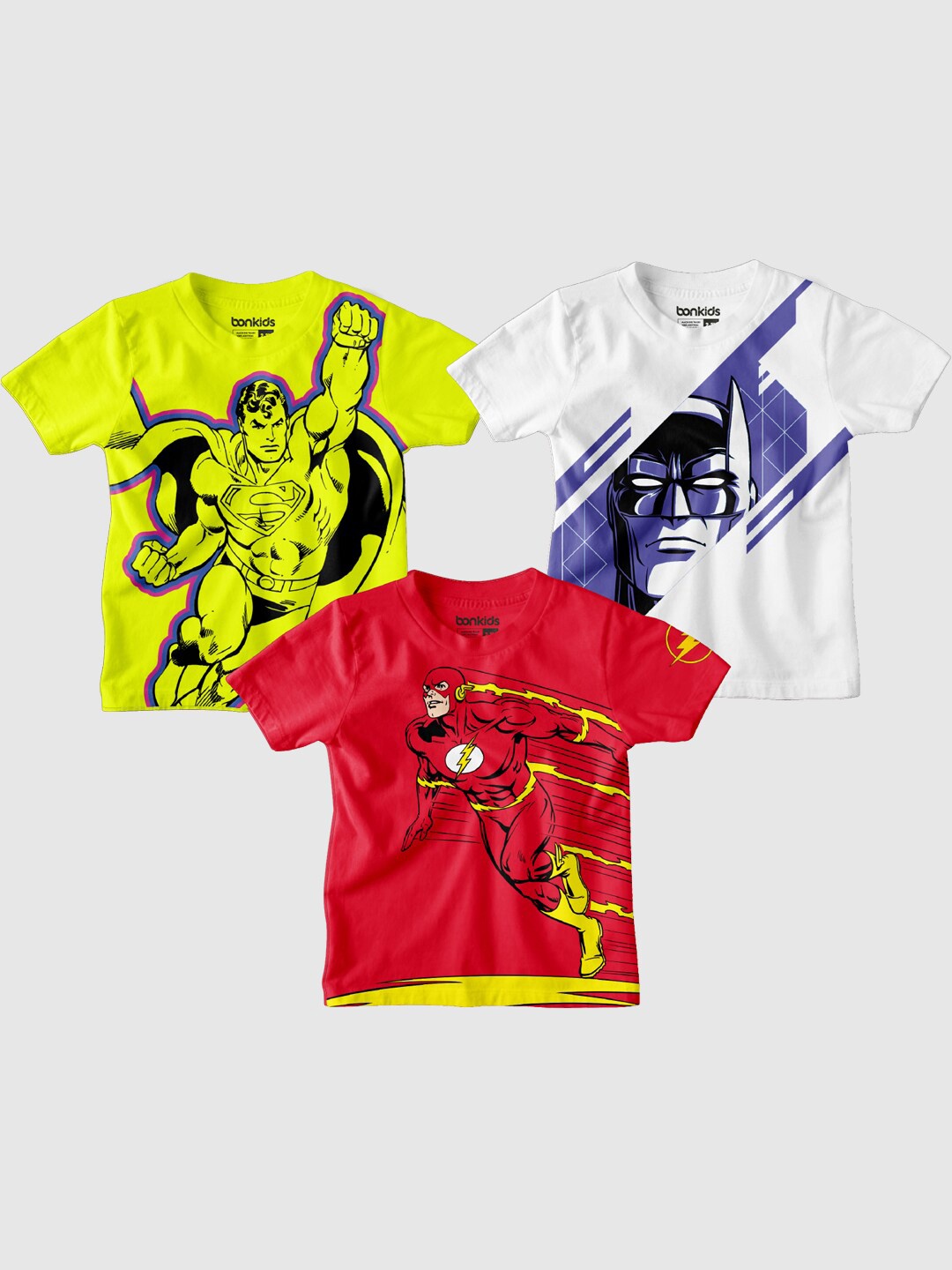 

BONKIDS Boys Round Neck Super Hero Printed CottonPack of 3 T-Shirt, Yellow