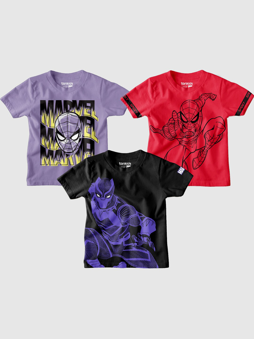 

BONKIDS Boys Pack Of 3 Spider Man Printed Cotton T-shirt, Purple