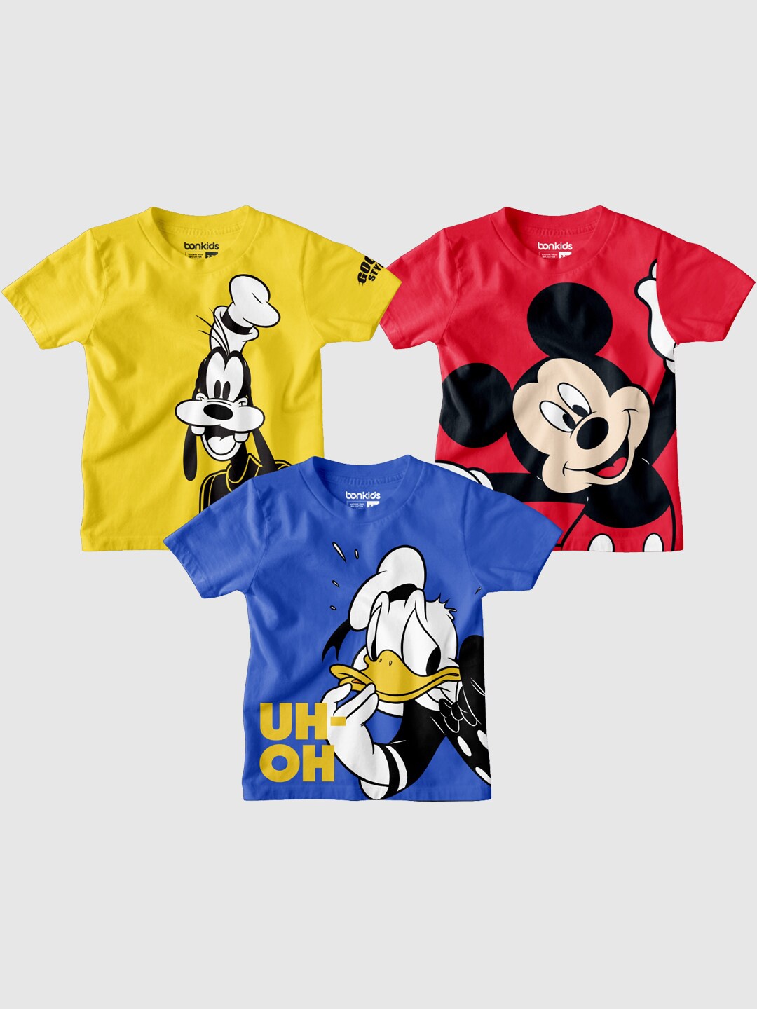 

BONKIDS Boys Pack Of 3 Mickey & Pluto Printed Cotton T-shirt, Yellow