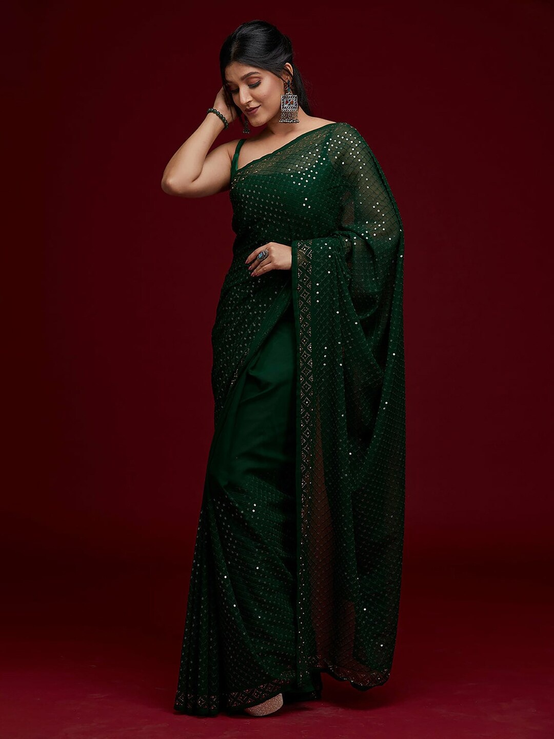 

Mitera Embellished Sequinned Poly Georgette Saree, Green