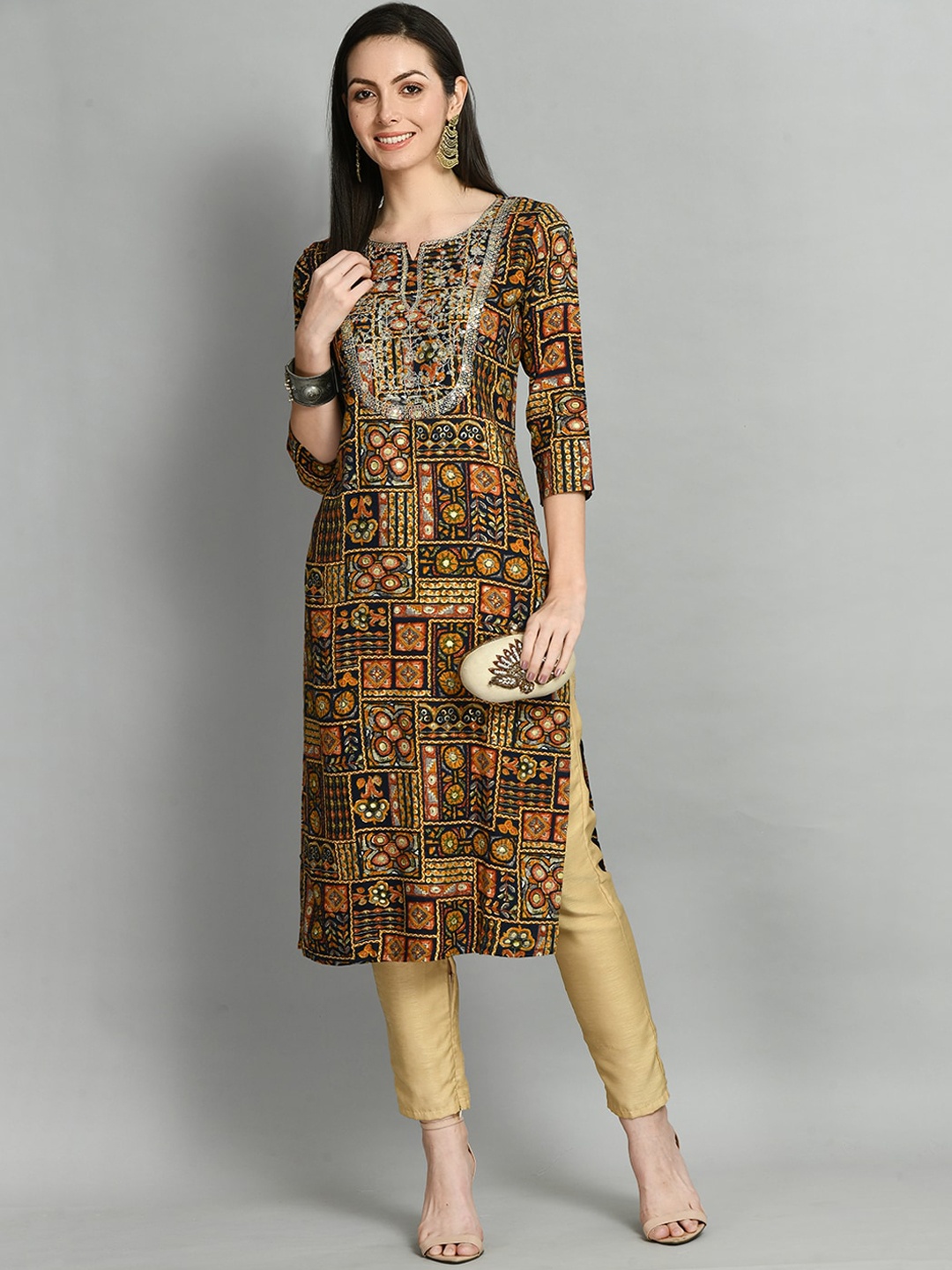 

Altiven Sequinned Ethnic Motifs Printed Kurta, Mustard