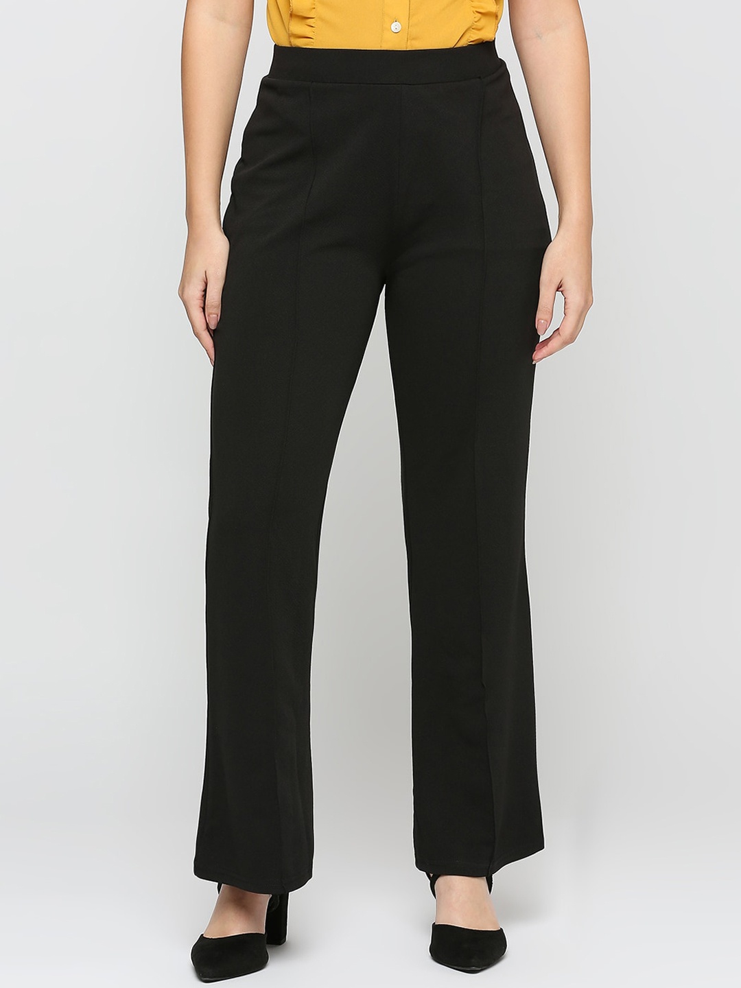 Smarty Pants Comfort Flared High-Rise Lint Free Lycra Formal Trousers, Black