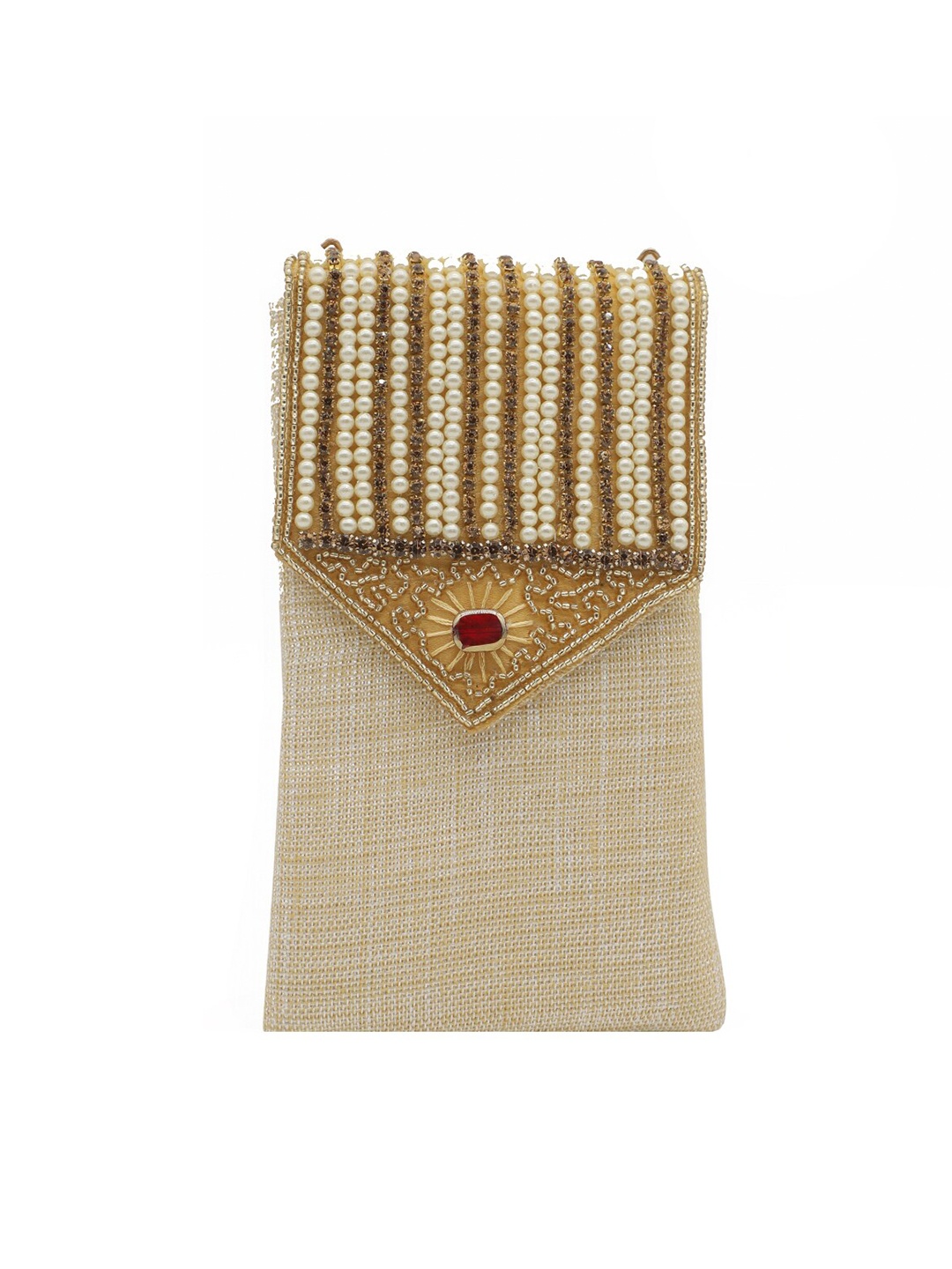 

Bag Pepper Embellished Jute Mobile Pouch, Beige