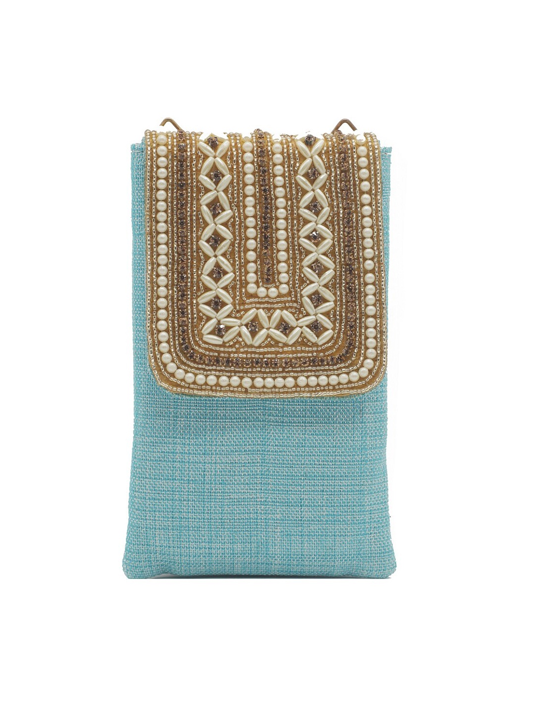 

Bag Pepper Embellished Jute Mobile Pouch, Turquoise blue
