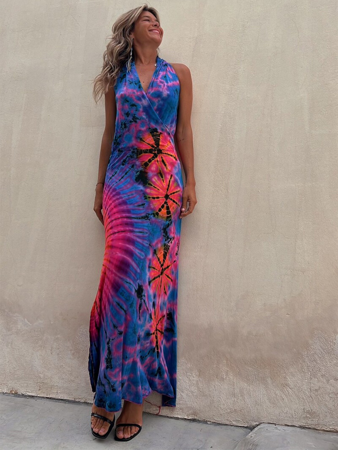 

BoStreet Blue Tie & Dyed Halter Neck Maxi Wrap Dress