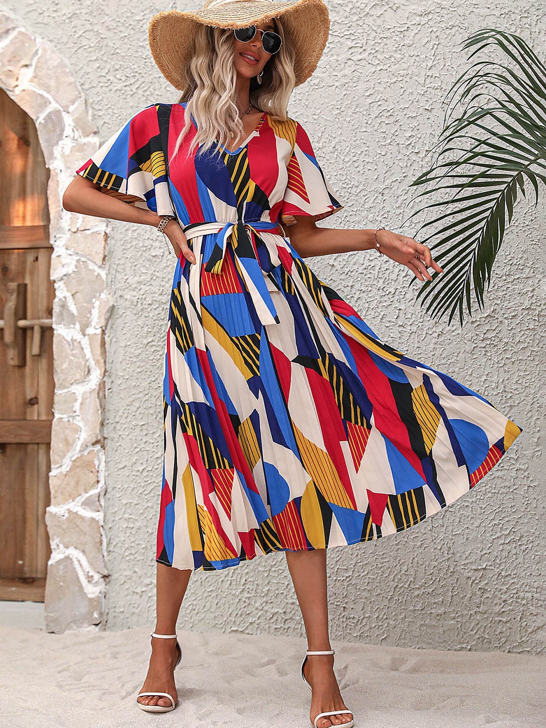 

BoStreet Abstract V Neck Flared Sleeve Waist Tie-Up Midi A-Line Dress, Blue