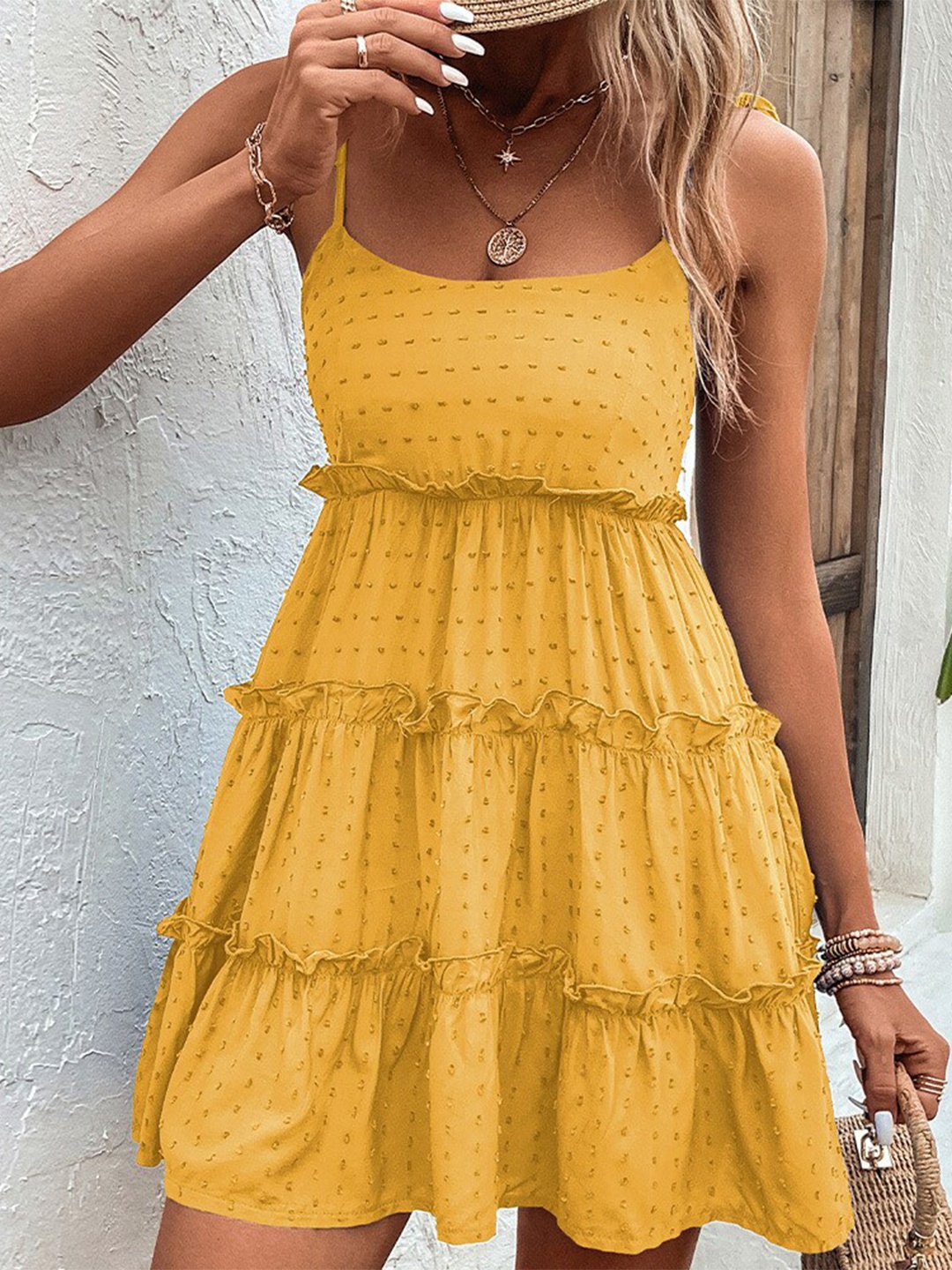 

BoStreet Yellow Self Design Shoulder Straps Empire Dress