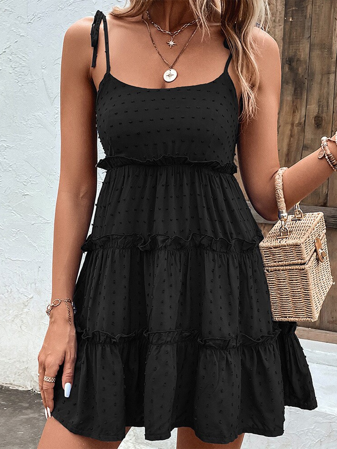 

StyleCast Shoulder Strap Neck Tiered Mini Flared Hem Fit And Flared Dress, Black