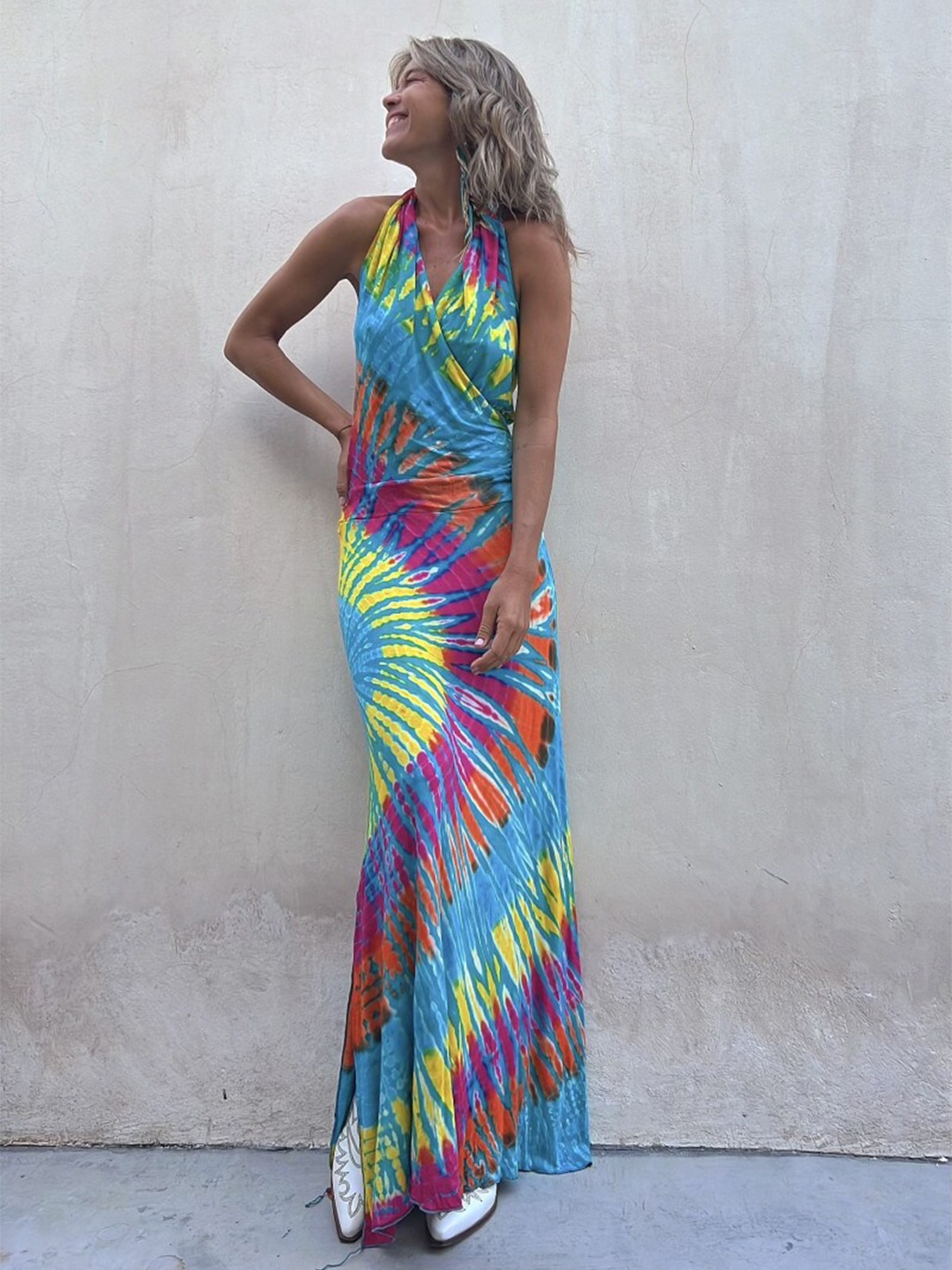 

StyleCast Halter Neck Tie And Dye Maxi Straight Holi Dress, Blue