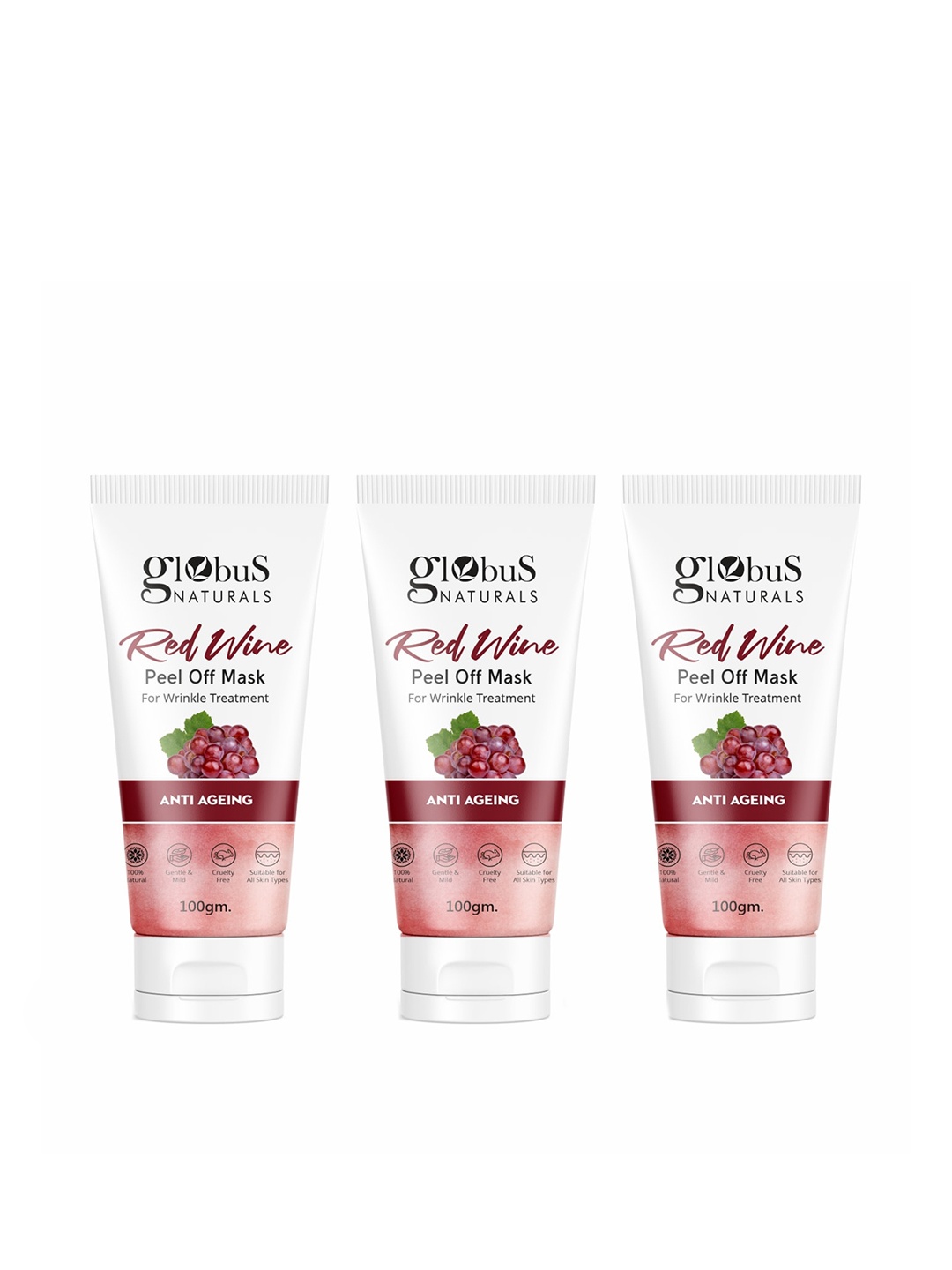 

Globus naturals Set of 3 Red Wine Peel off Mask for Wrinkle Treatment - 100g Each, White