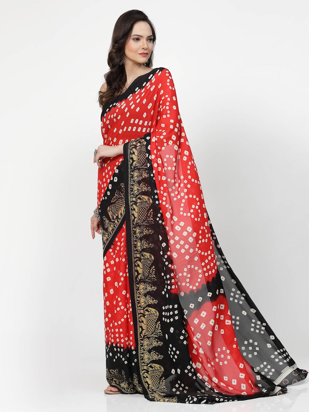 

KALINI A Selection Of 2 Bandhani Printed Zari Sarees, Red