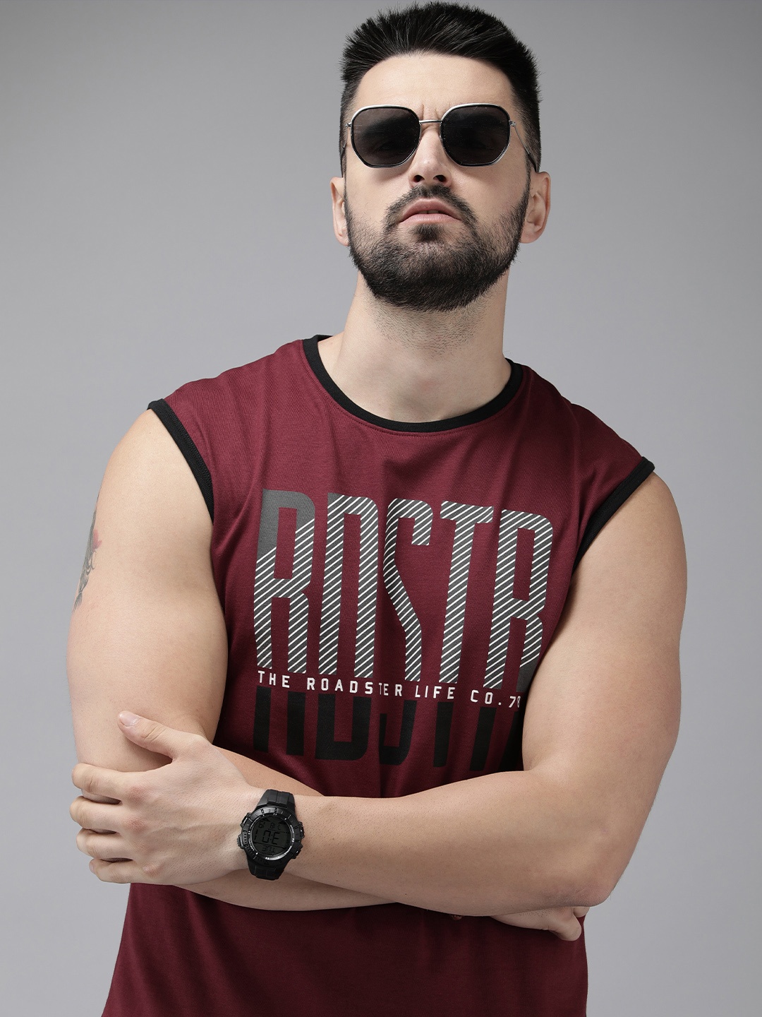 

The Roadster Life Co. Round Neck Brand Logo Printed Pure Cotton T-shirt, Maroon