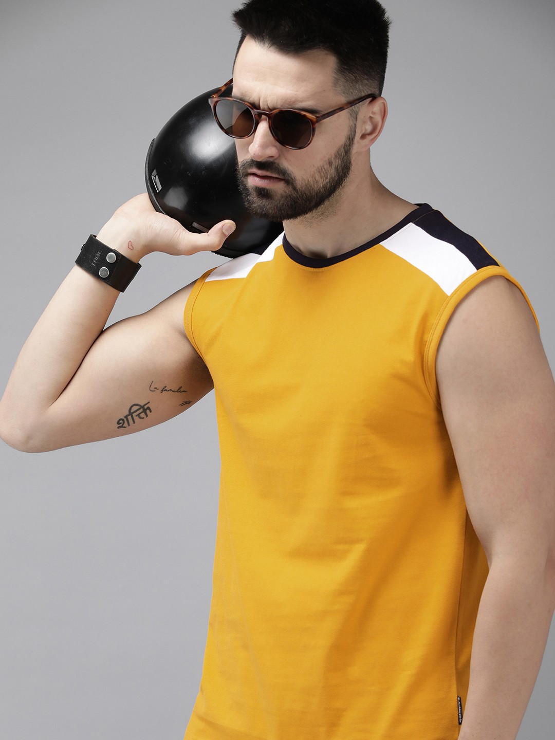 

The Roadster Life Co. Round Neck Shoulder Stripe Detail Pure Cotton T-shirt, Mustard