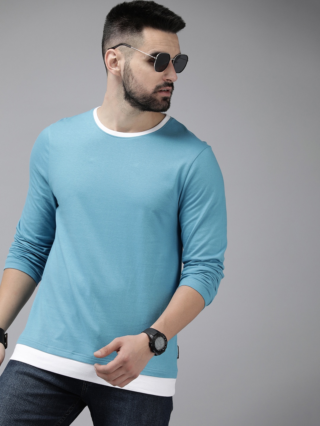 

The Roadster Life Co. Round Neck Long Sleeves Pure Cotton T-shirt, Blue