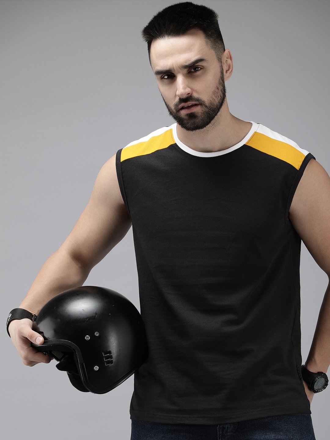 

The Roadster Life Co. Round Neck Shoulder Stripe Detail Pure Cotton T-shirt, Black