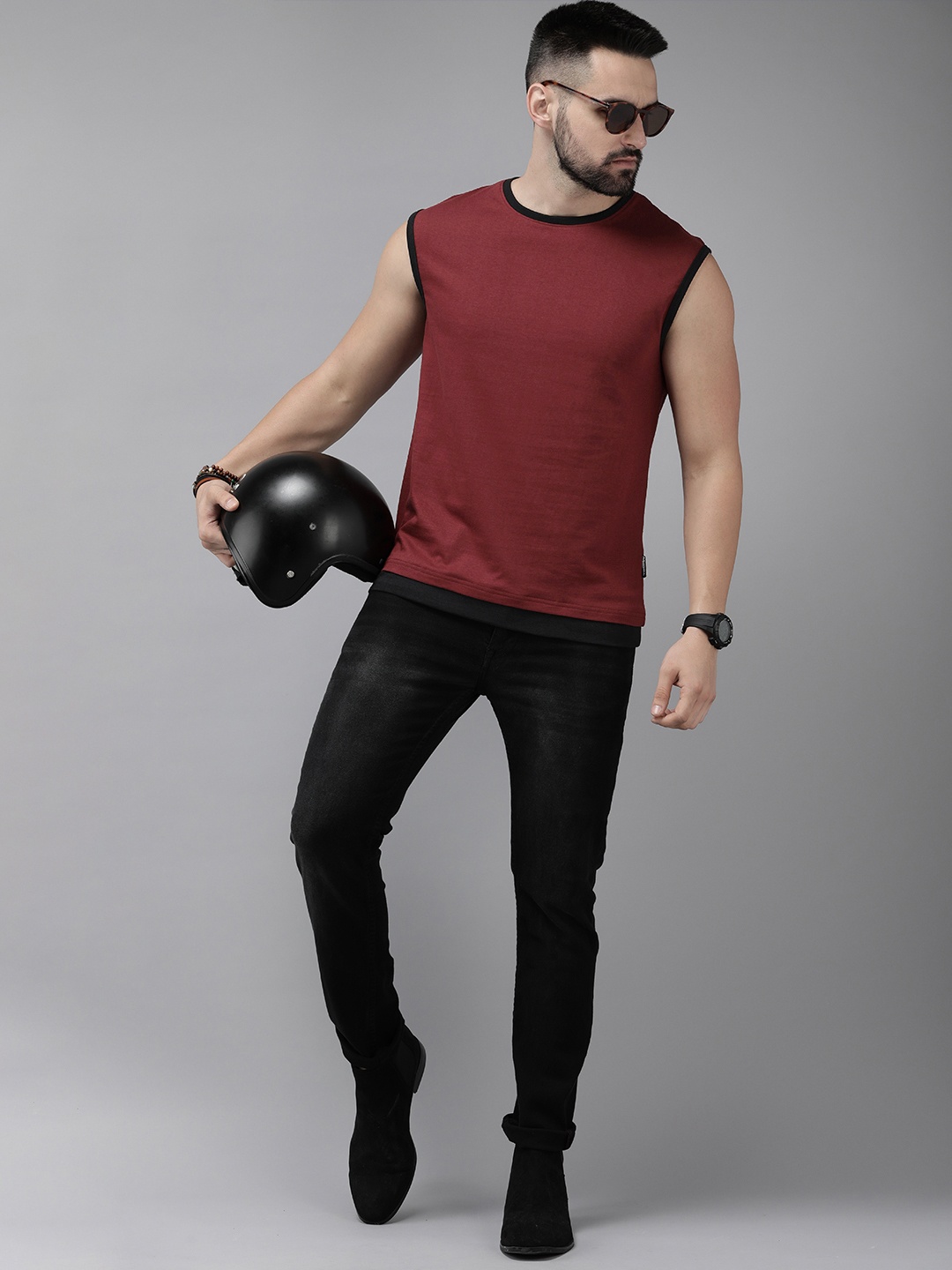 

The Roadster Life Co. Round Neck Sleeveless Pure Cotton T-shirt, Maroon