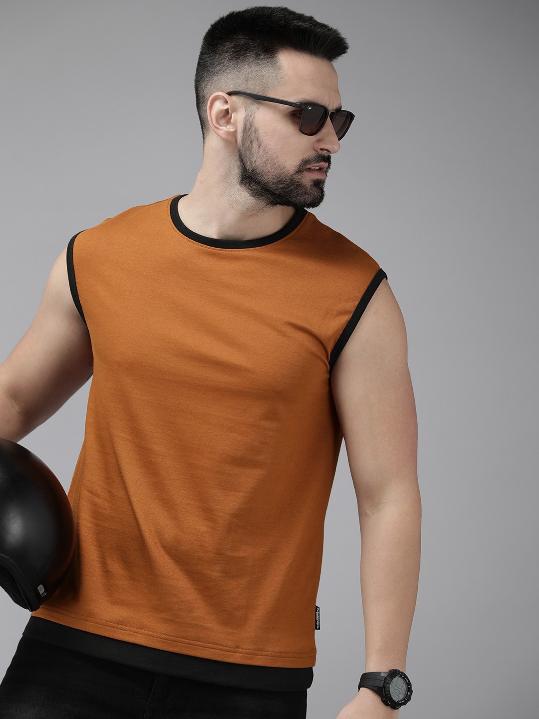 

The Roadster Life Co. Round Neck Sleeveless Pure Cotton T-shirt, Camel brown