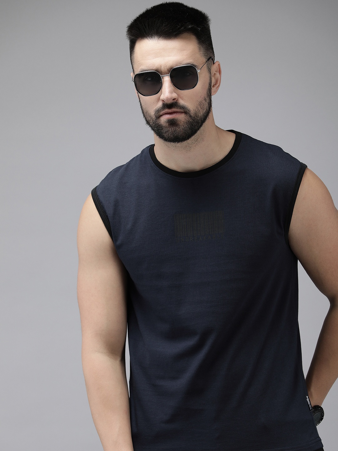 

The Roadster Life Co. Round Neck Sleeveless Pure Cotton T-shirt, Navy blue