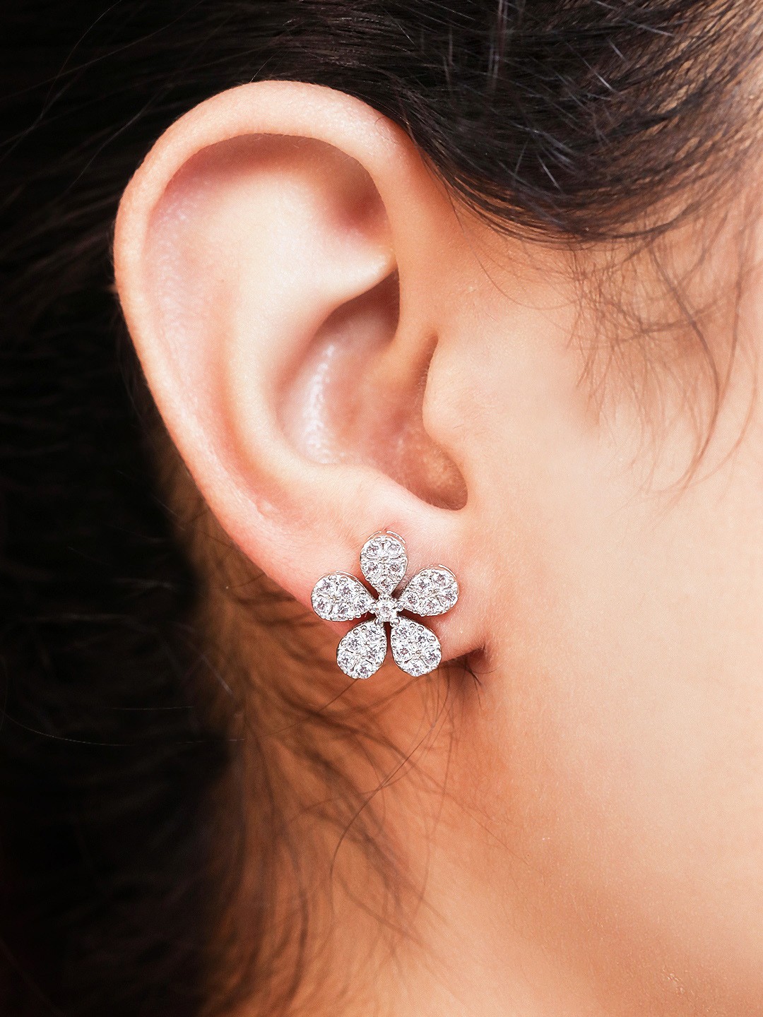 

Zavya Rhodium-Plated 925 Pure Sterling Silver CZ Studded Floral Studs