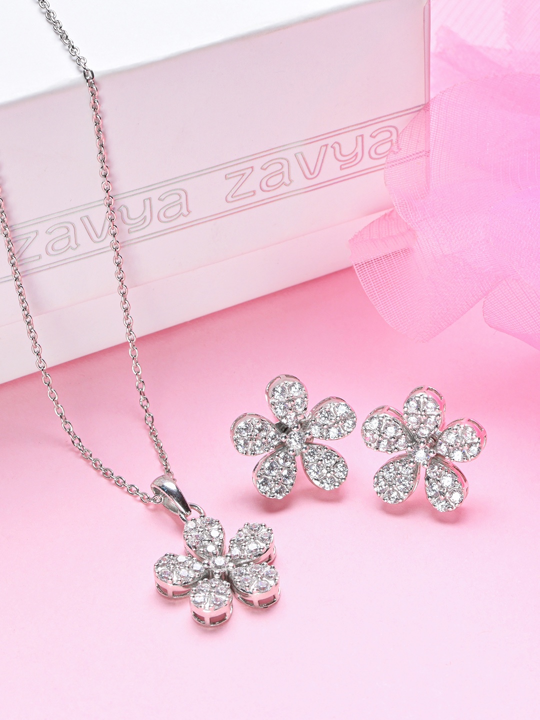 

Zavya Rhodium-Plated CZ Studded 925 Pure Sterling Silver Jewellery Set