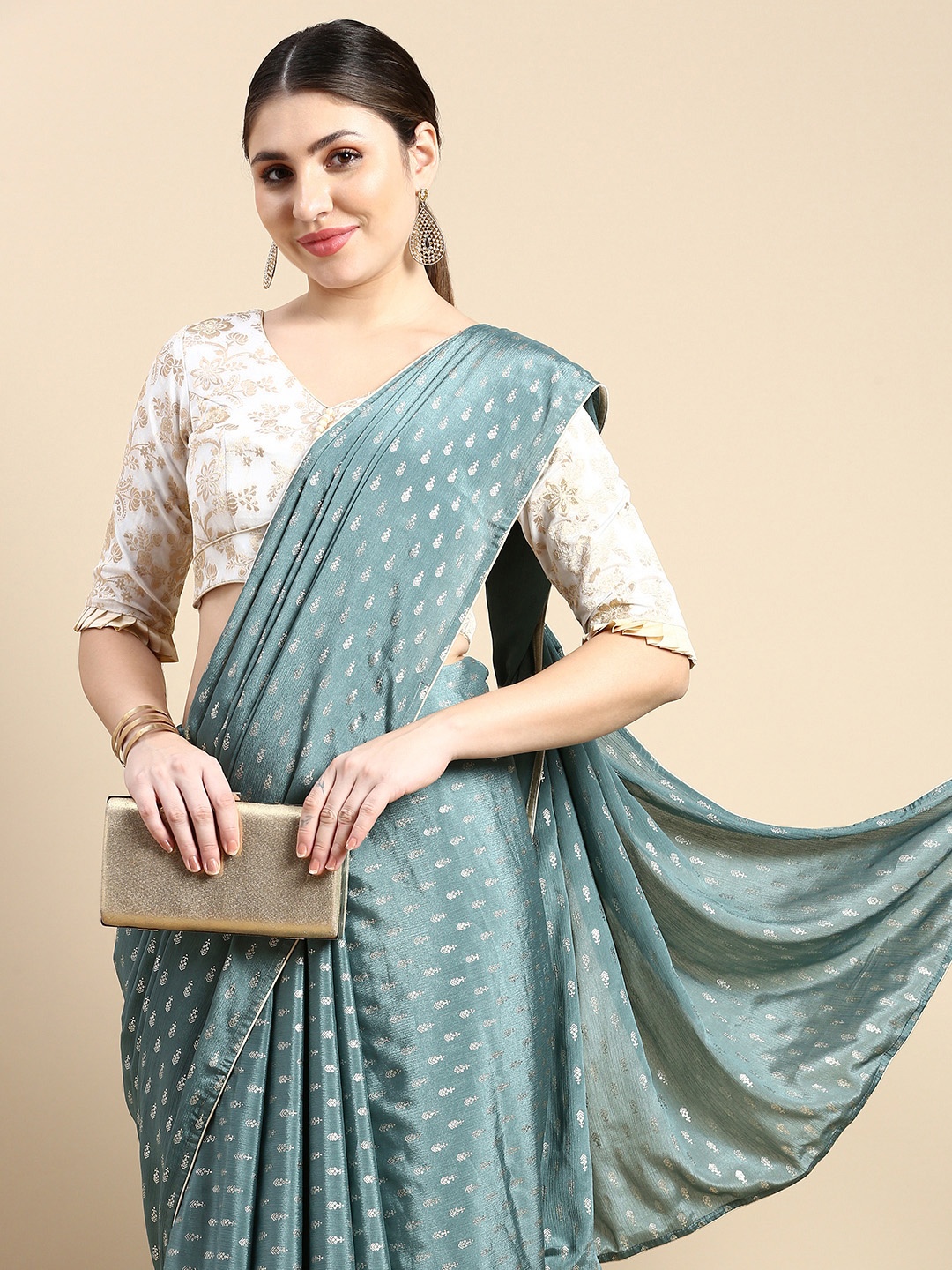 

Ethnovog Ethnic Motifs Printed Zari Saree With Stitched Blouse, Green