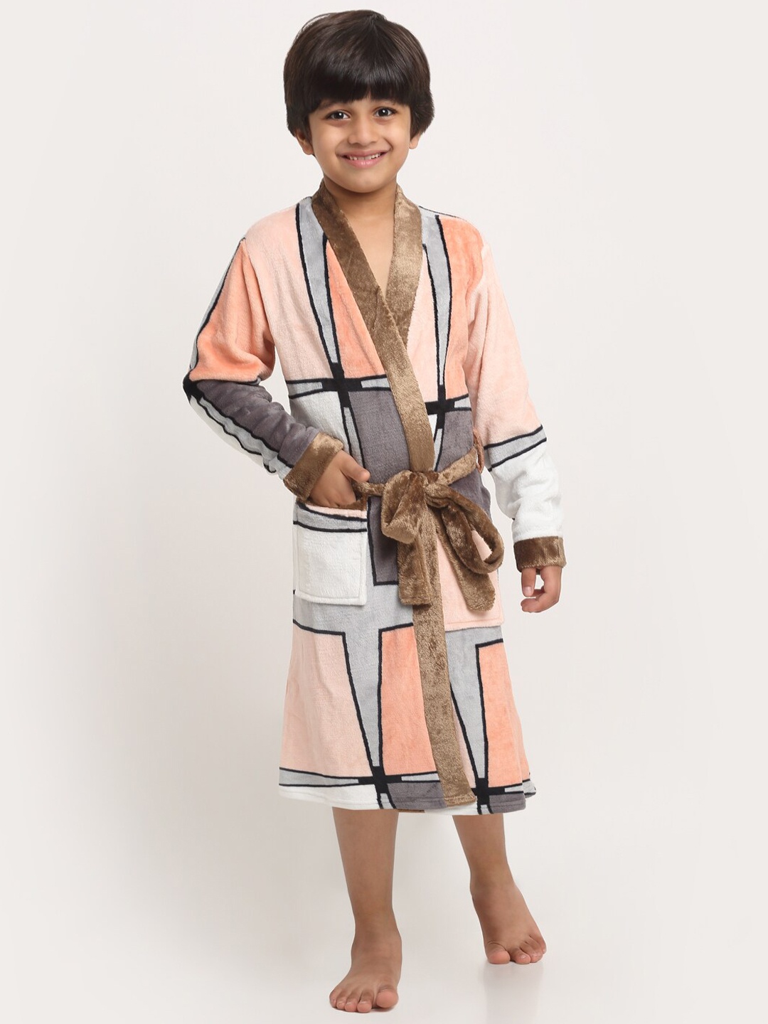

KLOTTHE Boys Printed Woolen Bath Robe With Belt, Orange