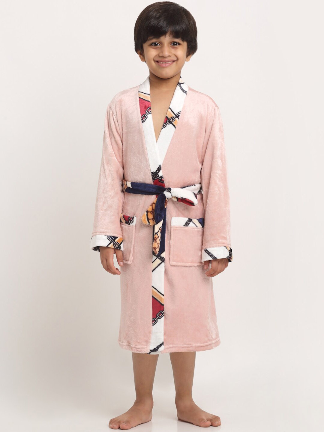 

KLOTTHE Boys Tie-Up Detail Woolen Bath Robe With Belt, Pink