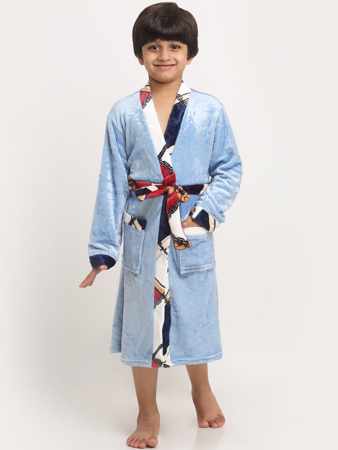 

KLOTTHE Boys Tie-Up Detail Woolen Bath Robe With Belt, Blue