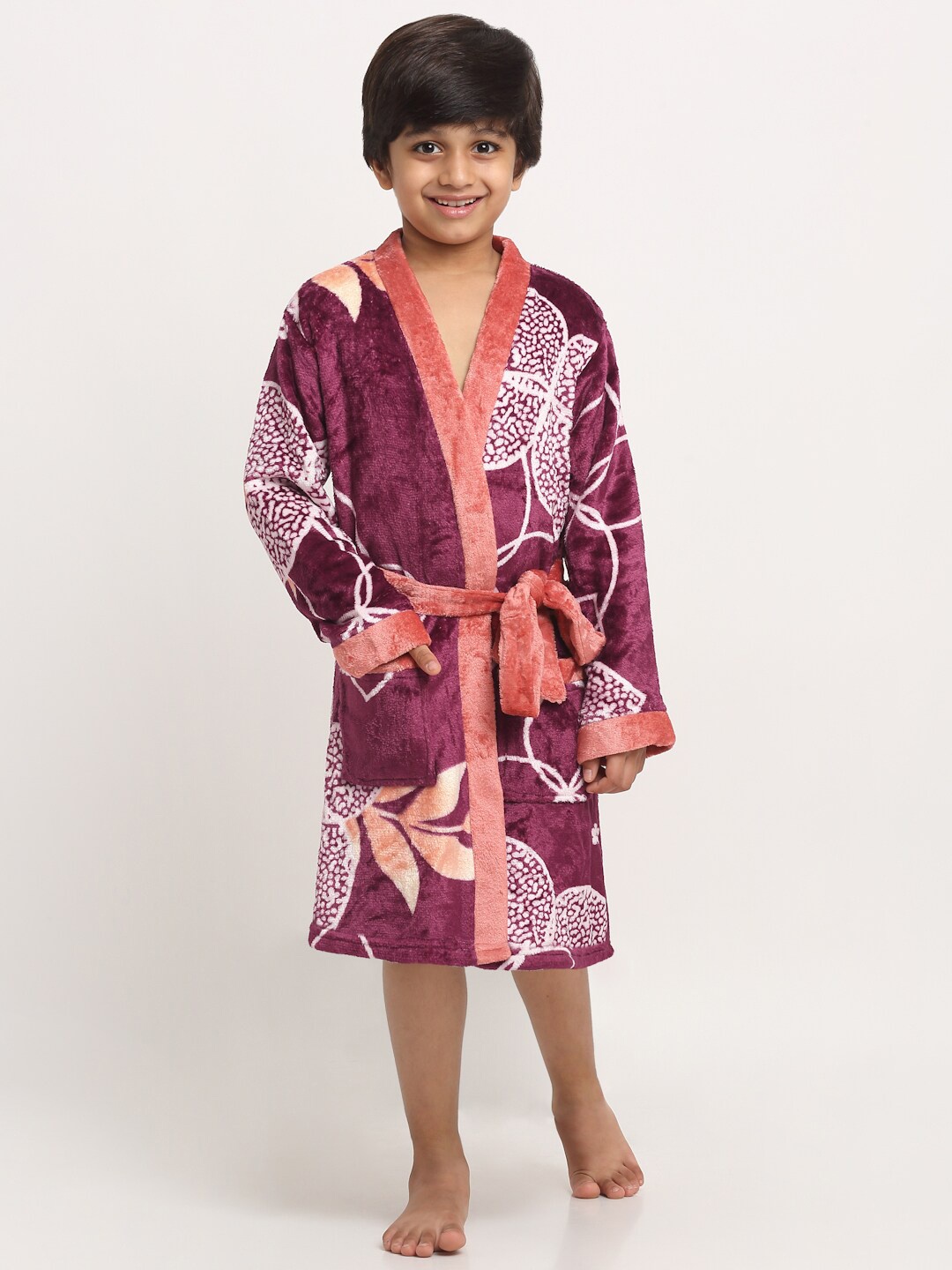 KLOTTHE Boys Printed Woolen Bath Robe With Belt, Purple