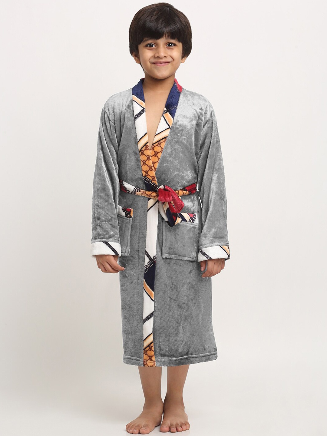 KLOTTHE Boys Tie-Up Detail Woolen Bath Robe With Belt, Grey
