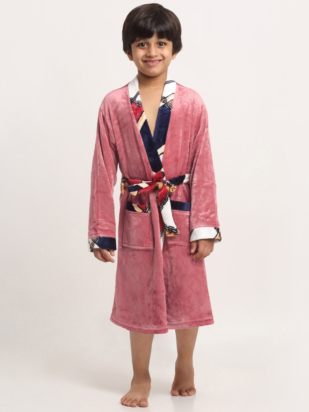 KLOTTHE Boys Tie-Up Detail Woolen Bath Robe With Belt, Pink