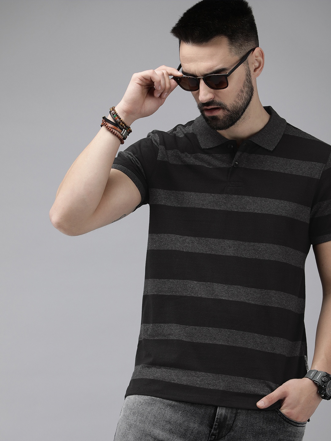 

Roadster Men Striped Polo Collar T-shirt, Black