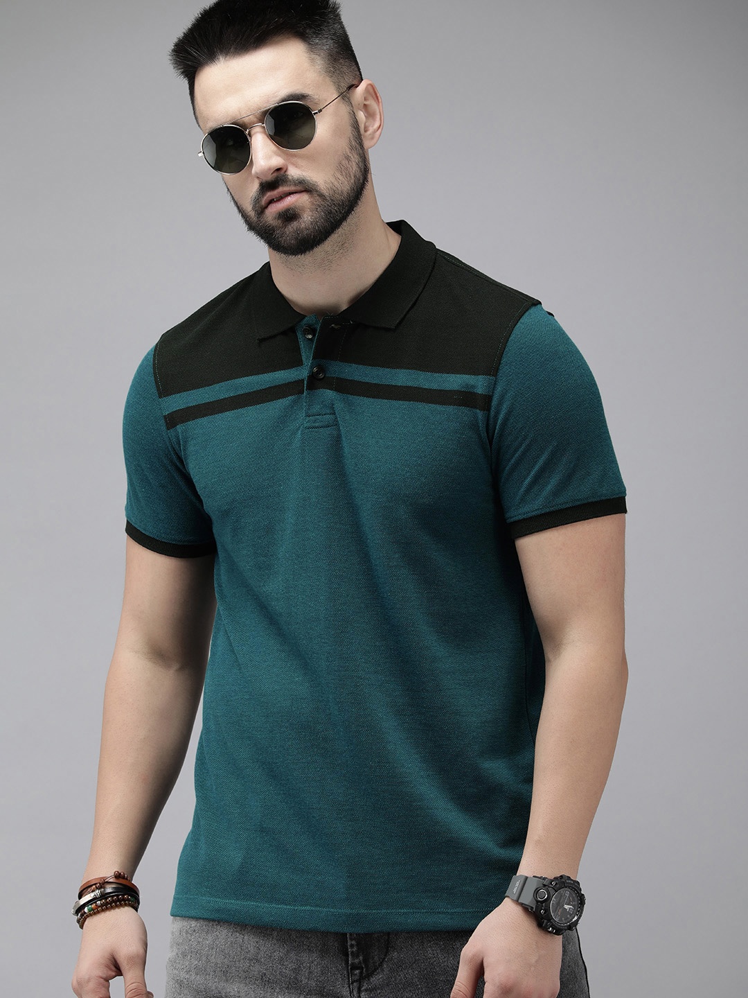 

Roadster Men Colourblocked Polo Collar T-shirt, Teal