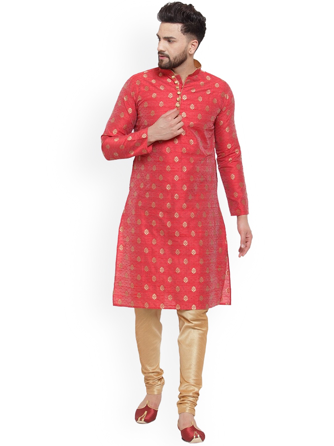 

Sydney Heights Woven Design Mandarin Collar Zari Kurta with Churidar, Maroon