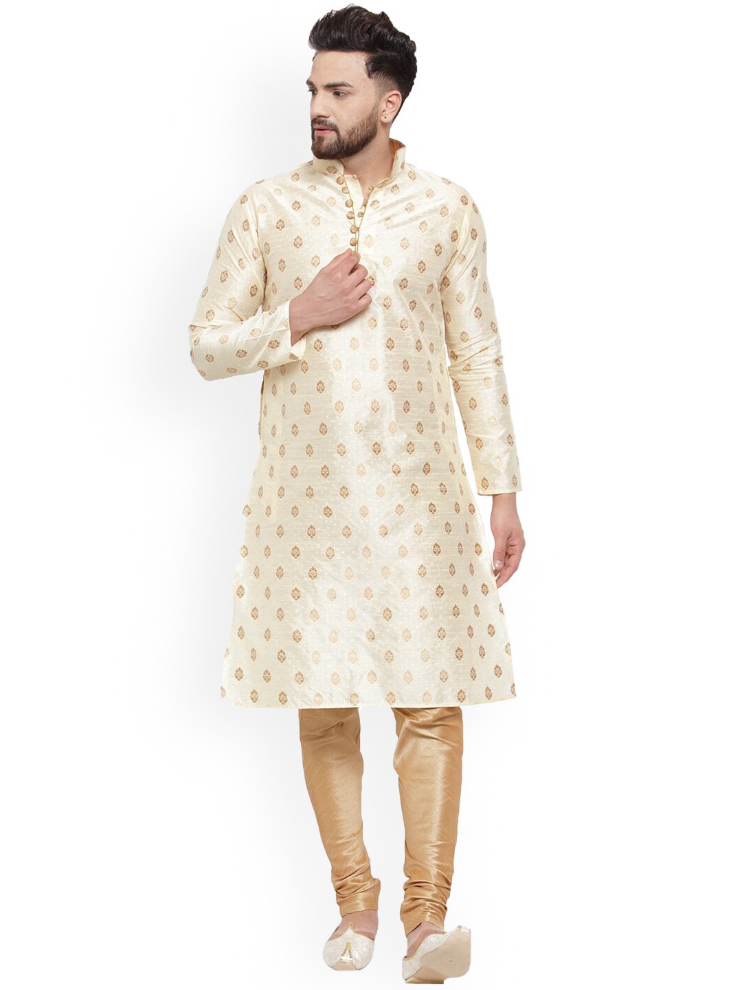 

Sydney Heights Mandarin Collar Zari Ornamentation Regular Kurta with Churidar, Beige
