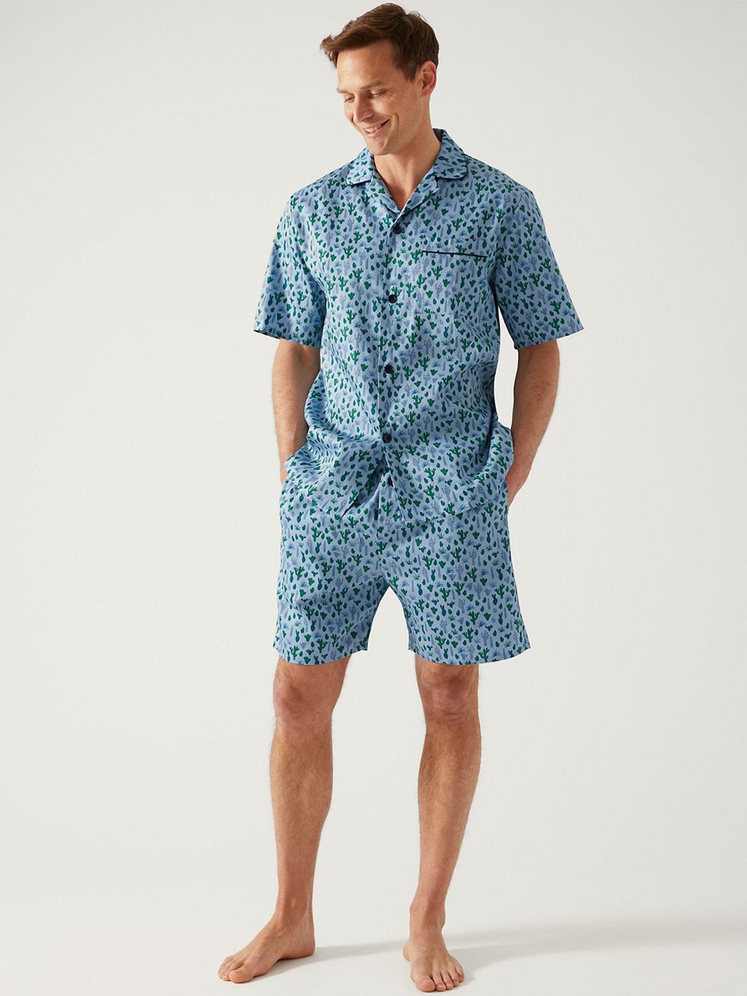 

Marks & Spencer Men Conversational Printed Pure Cotton Shirt With Shorts, Blue