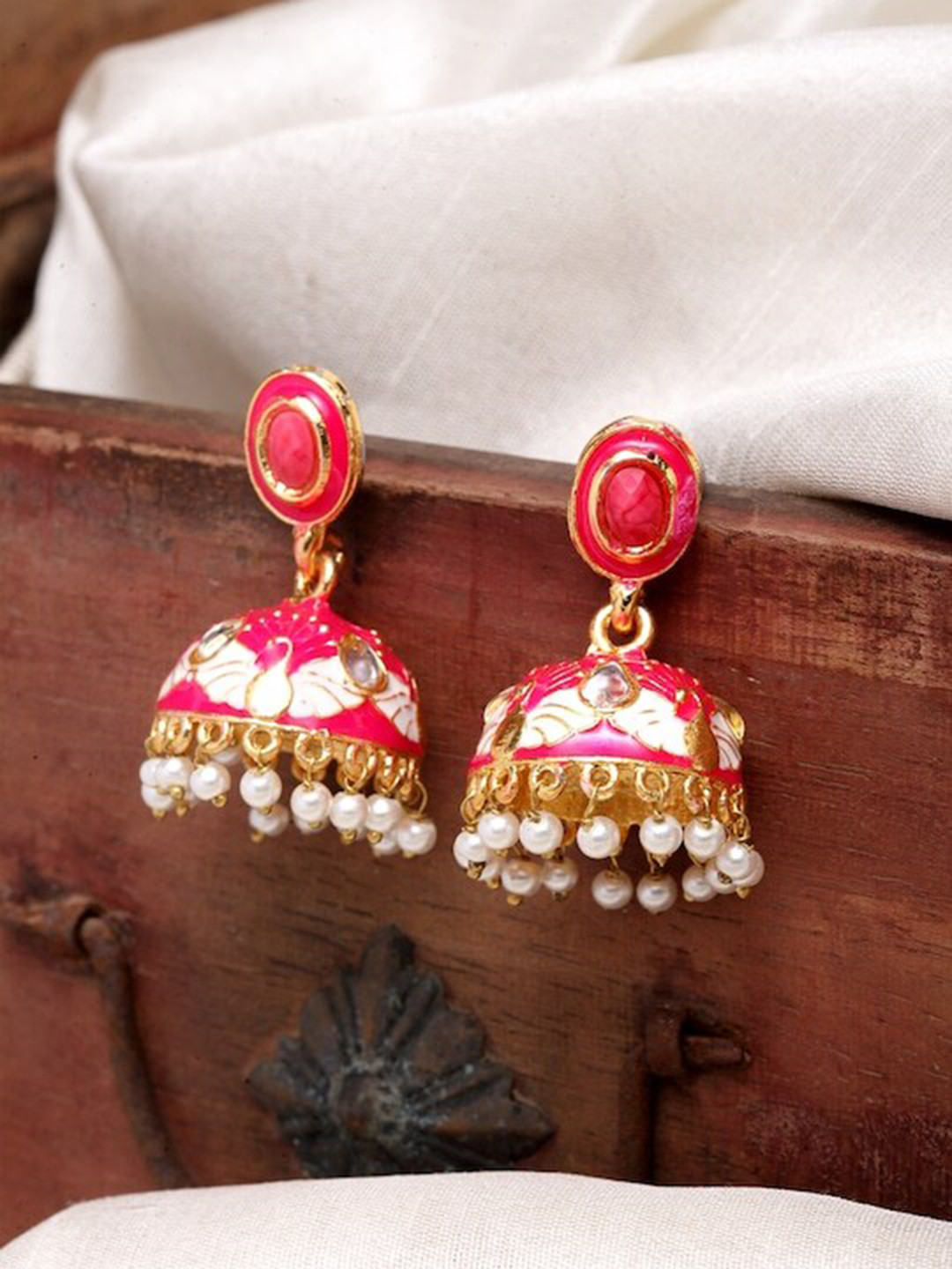 

Infuzze Meenakari Beaded Jhumkas Earrings, Pink