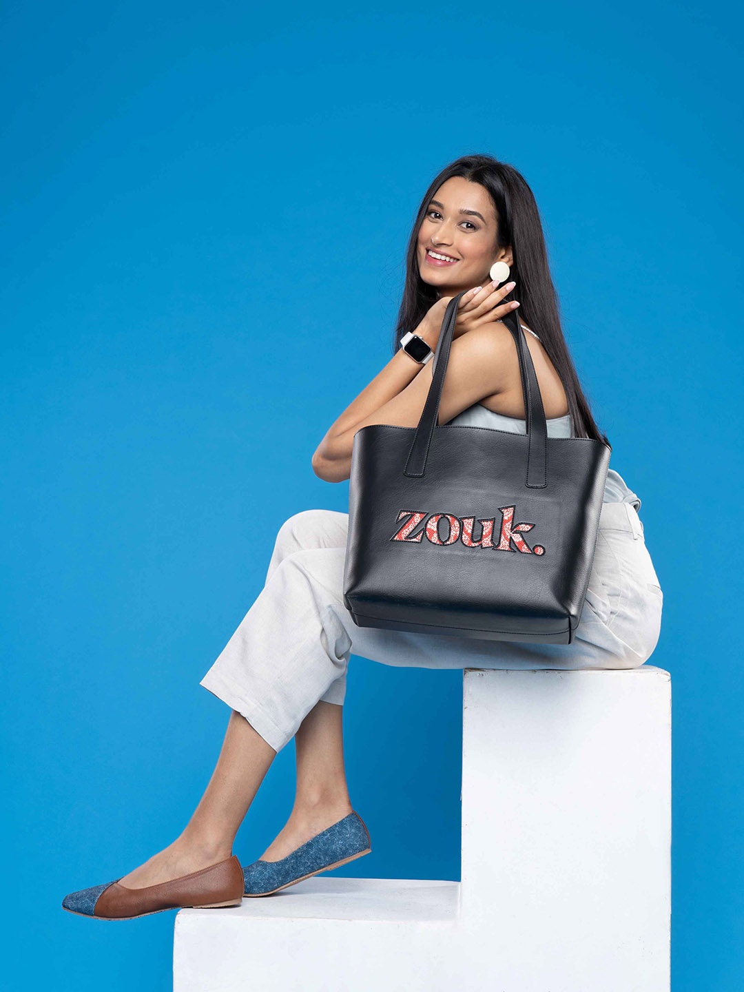 

ZOUK Embroidered Structured Tote Bag, Black