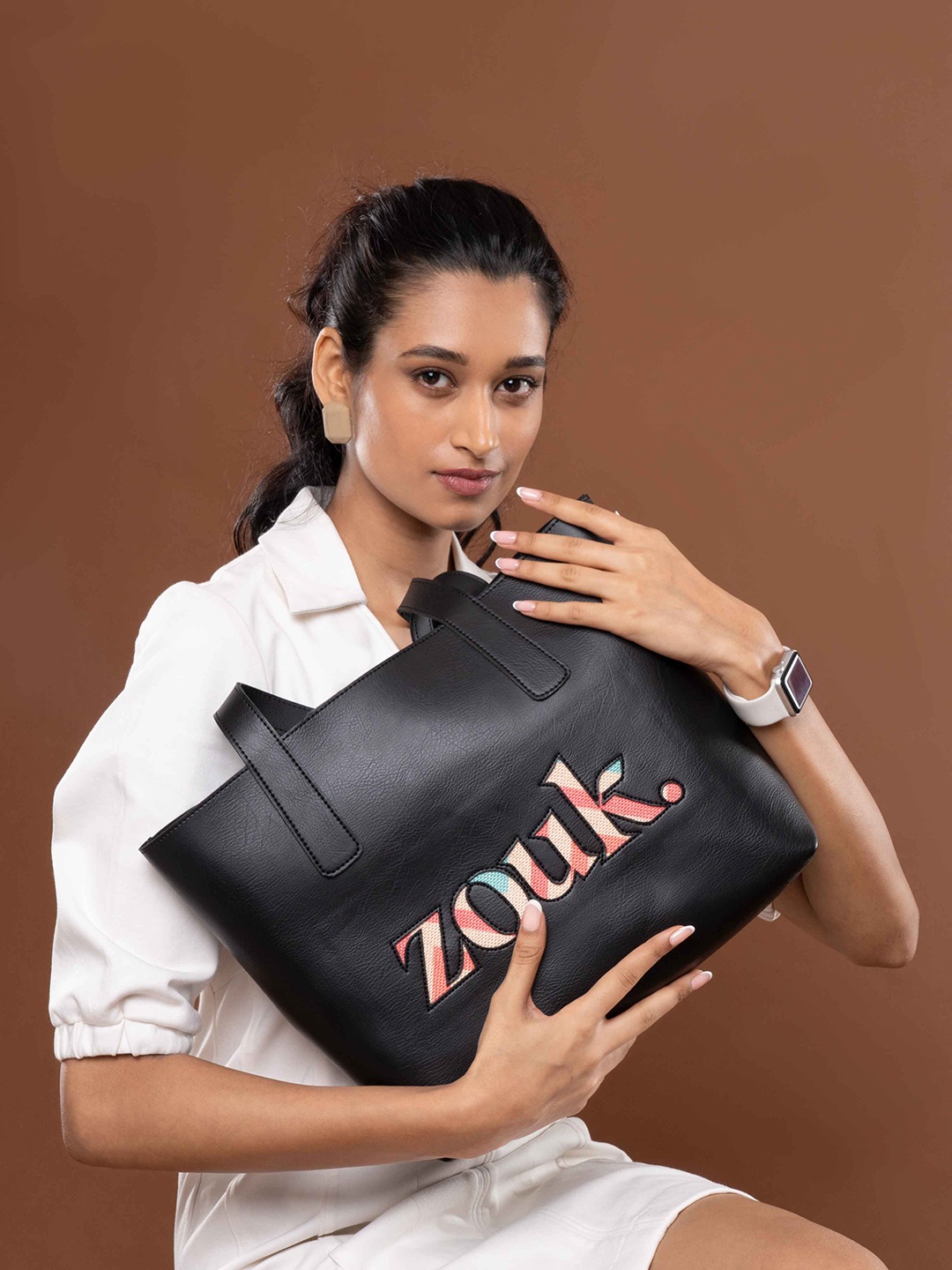 ZOUK Embroidered Structured Tote Bag, Black