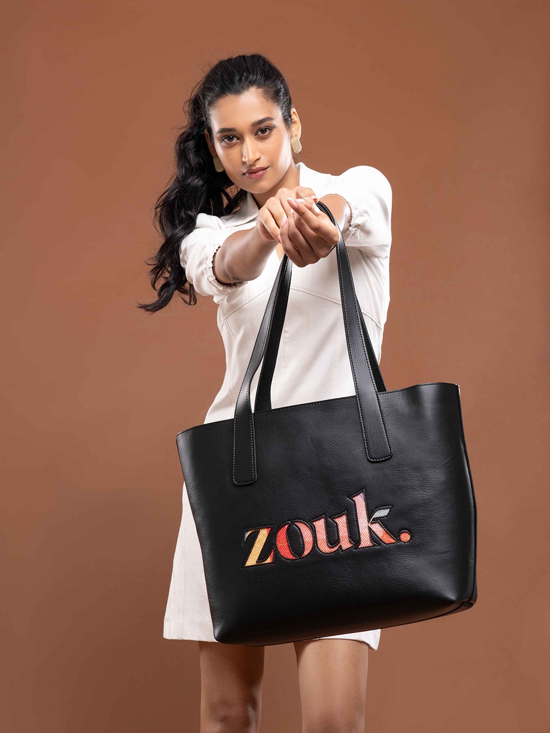 

ZOUK Typography Printed Water Resistant Structured Shoulder Bag, Black