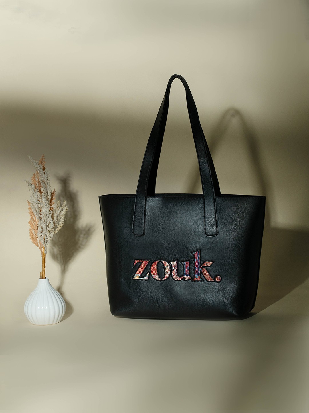 

ZOUK Embroidered Structured Tote Bag, Black