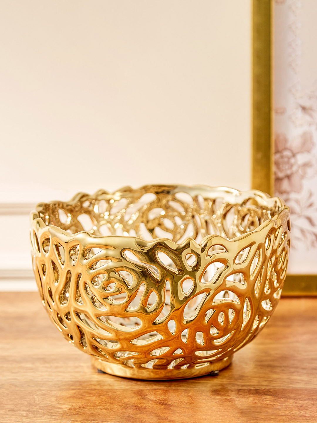 

Home Centre Golden Stoneware Carved Decorative Bowl, Gold
