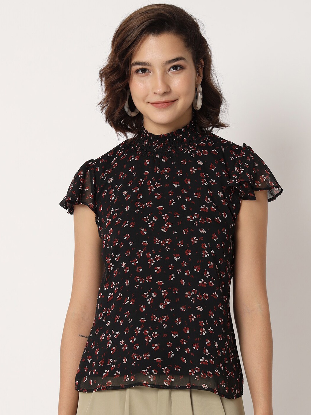 

CHARMGAL Floral Printed Flutter Sleeve Top, Black